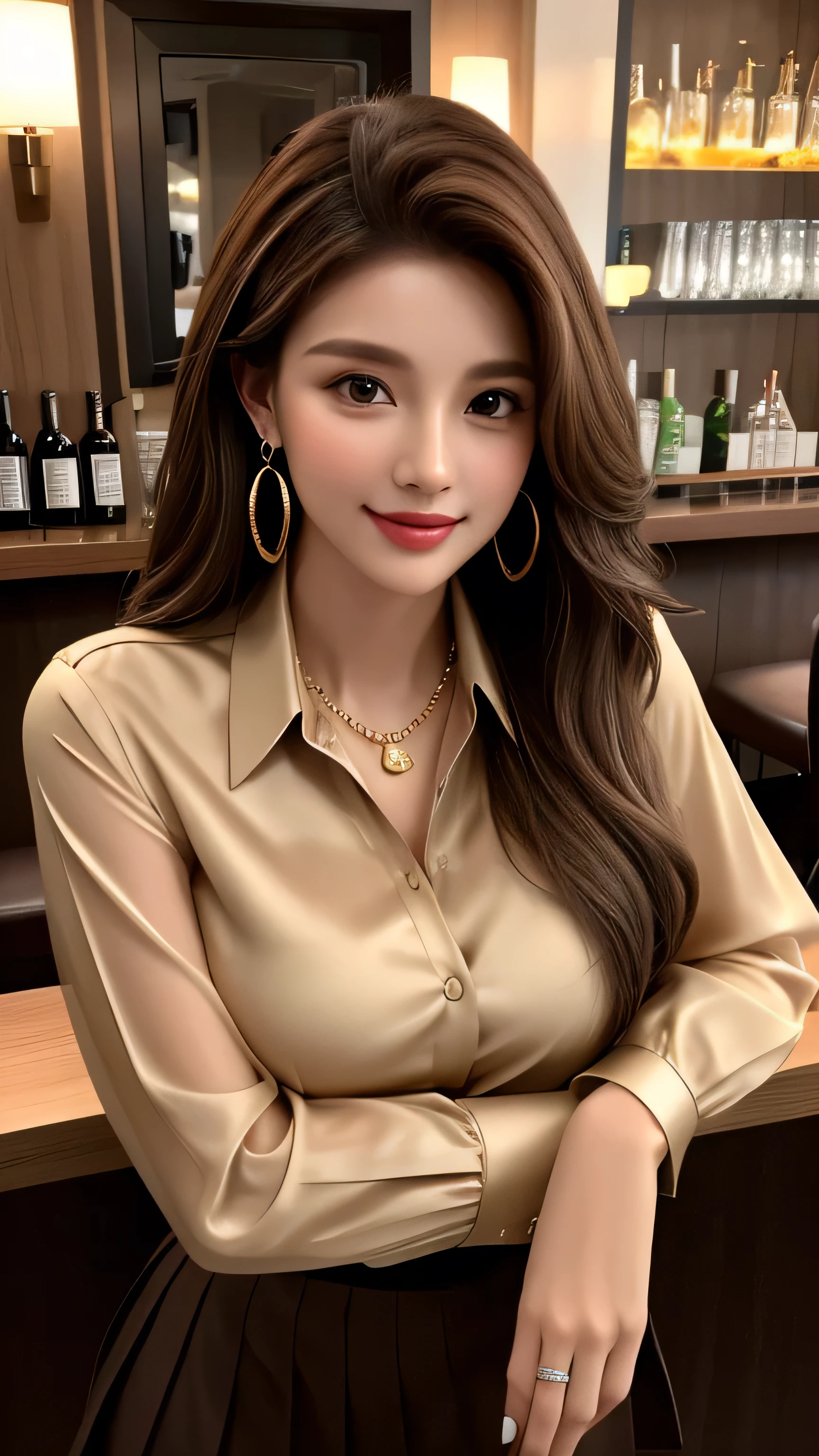 masterpiece, highest quality, Realistic, Super detailed, In detail, High resolution, 8k wallpaper, 1. Beautiful Women, Light brown hair, Sharp focus, Perfect dynamic composition, Beautiful fine details, Fine hair, Detailed and realistic skin texture, smile, Portraiture, Model Body Type,brown long sleeve button up blouse_brown pleated mini skirt_brown tie、full body portrait、From an oblique angle above、Long straight hair_Hair reaching down to the waist、Place your left hand gently on your chin_see-through sleeves、Sits on a bar chair by the counter in a seductive pose in a stylish bar at night,gold necklace_Large earrings,full figure supermodel standing, entire body in frame、12cm high heels