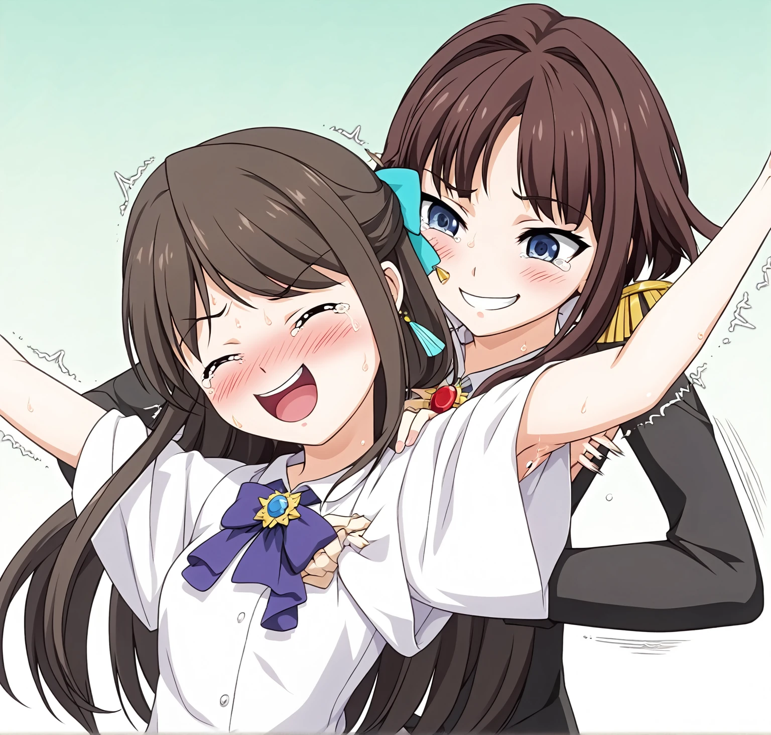 two extremely delicate and beautiful girls,Girl in white shirt raising her arms,The other girl put her hand into the sleeve of the girl in the white shirt with a sly smile,(laughing:1.4),(big mouth:1.1),open mouth,happy,(frown:1.3),crazy smile,(pain face:1.2),blush,tears,sweat,(tickling armpits),((trembling)),(((masterpiece))), (((best quality))), (official art), ((extremely detailed CG unity 8k wallpaper)), (Best character details), ((ultra-detailed)), (illustration), (dynamic angle),