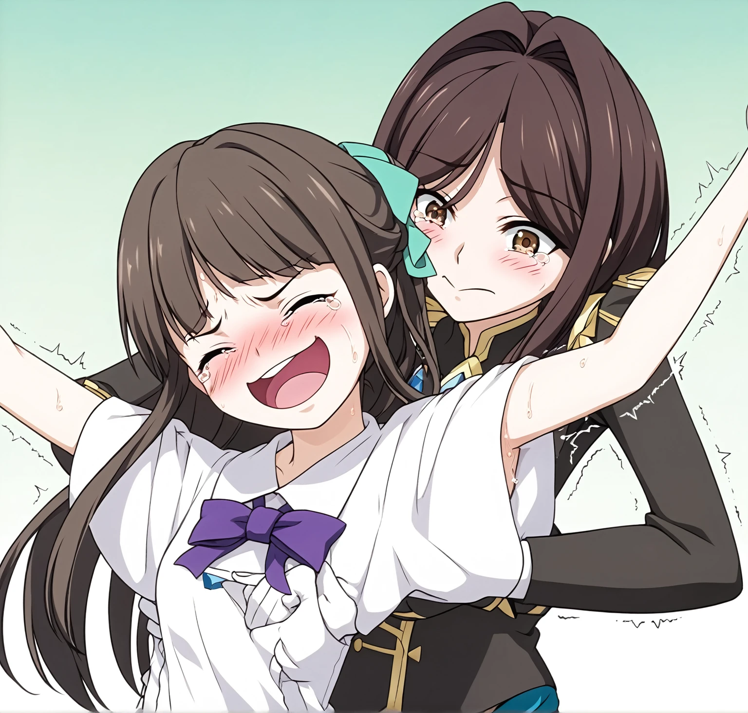 two extremely delicate and beautiful girls,Girl in white shirt raising her arms,The other girl put her hand into the sleeve of the girl in the white shirt with a sly smile,(laughing:1.4),(big mouth:1.1),open mouth,happy,(frown:1.3),crazy smile,(pain face:1.2),blush,tears,sweat,(tickling armpits),((trembling)),(((masterpiece))), (((best quality))), (official art), ((extremely detailed CG unity 8k wallpaper)), (Best character details), ((ultra-detailed)), (illustration), (dynamic angle),