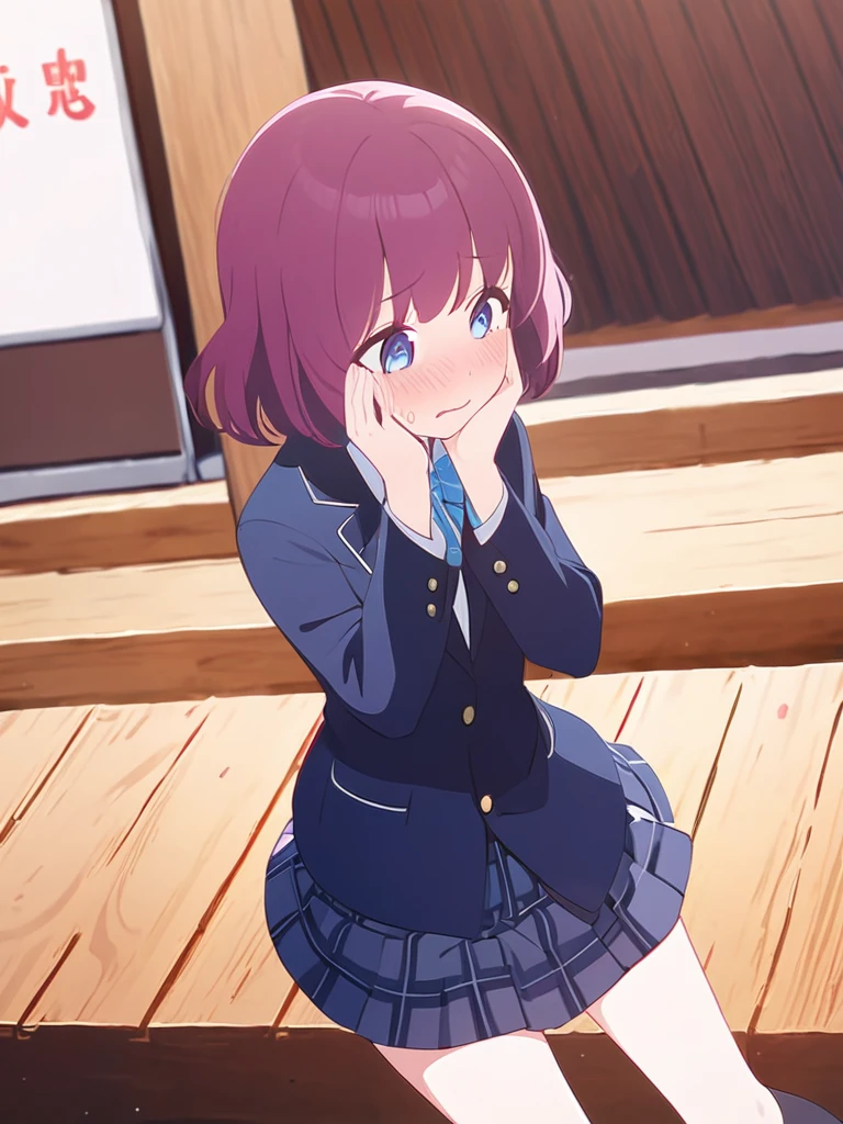 One girl、Standing on a wooden stage、Wearing 、blazer、shirt、skirt、Blushing、Dark pink hair、blue eyes、Attention posture