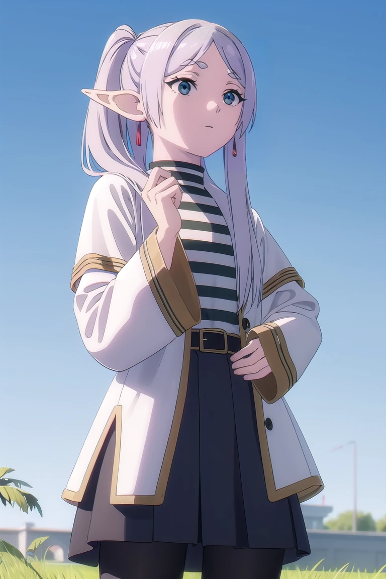 to freeze, to freeze, long hair, ponytail, (green eyes:1.5), White hair, pointed ears, elf,
BREAK shirt, Long sleeves, JEWELRY, tights, Earrings, striped, black tights, lure, striped shirt,
BREAK looking at viewer, Upper body, whole body,
BREAK outdoors, sky, nature,
BREAK (masterpiece:1.2), Best quality, a high resolution, unity 8k wallpaper, (illustration:0.8), (beautiful detailed eyes:1.6), very detailed face, Ideal lighting, extremely detailed computer graphics, (Perfect hands, perfect anatomy),