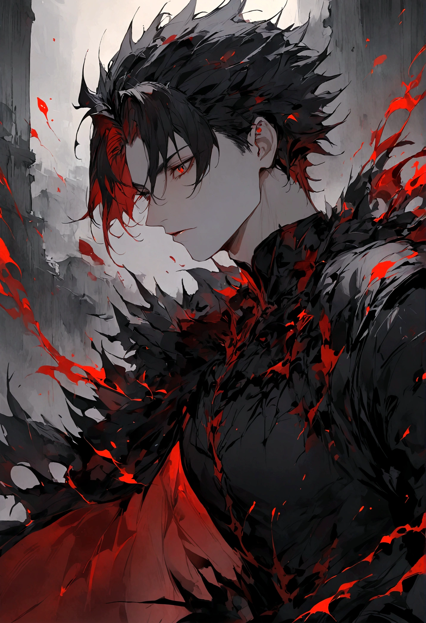 Dark Tones，((Red blood))，despair， man，1boy，Cool moonlight