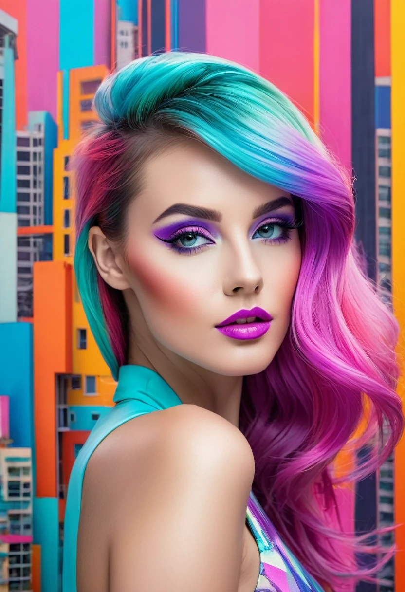 Una foto coloreada de una mujer con un maquillaje llamativo y un cabello de colores vivos, rodeada de elementos de la sociedad CG. En el fondo, you can see futuristic buildings and advanced technology, mientras que en primer plano, la mujer posa con una actitud desafiante. Vibrant pastel colors and pop art look give a unique touch to this colorful portrait.