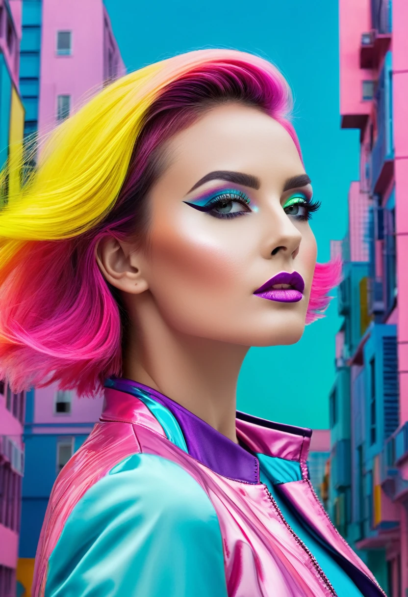Una foto coloreada de una mujer con un maquillaje llamativo y un cabello de colores vivos, rodeada de elementos de la sociedad CG. En el fondo, you can see futuristic buildings and advanced technology, mientras que en primer plano, la mujer posa con una actitud desafiante. Vibrant pastel colors and pop art look give a unique touch to this colorful portrait.