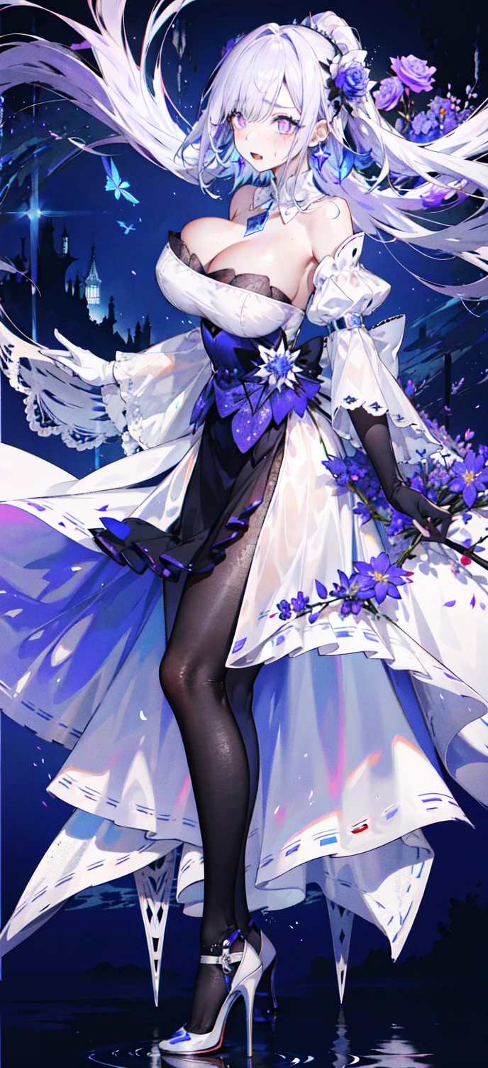 ((masterpiece:1.4,best quality)),(Super detailed),(Extremely detailed eyes),(black leggings,Shiny socks:1.5),Hello Darkness
(Cute girls),,(Blood-red pupils,Diamond-shaped pupil:1.15),Purple Eyeshadow,(elongated hair,Thick hair,Single ponytail,shiny hair:1.5)(Changes through:1.2),despair,sad,Empty eyes,tears streaming down my face,tilting its head to the side,
(She wore a blue dress,:1.5),(Black gloves:1.4)Very long plush sleeves,White,White Cloud,Dream bubbles ,Ice and glitter effects
(Black long skirt:1.1),
((Starry Sky:1.2)),
(Intense black and white:1.16),(Depth of Field:1.4),,Intricate details,(((Detailed background,Castle in the Sky,Purple flowers by the lake))),(((Huge breasts,Bare breasts,Deep cleavage,White stiletto high heels)))