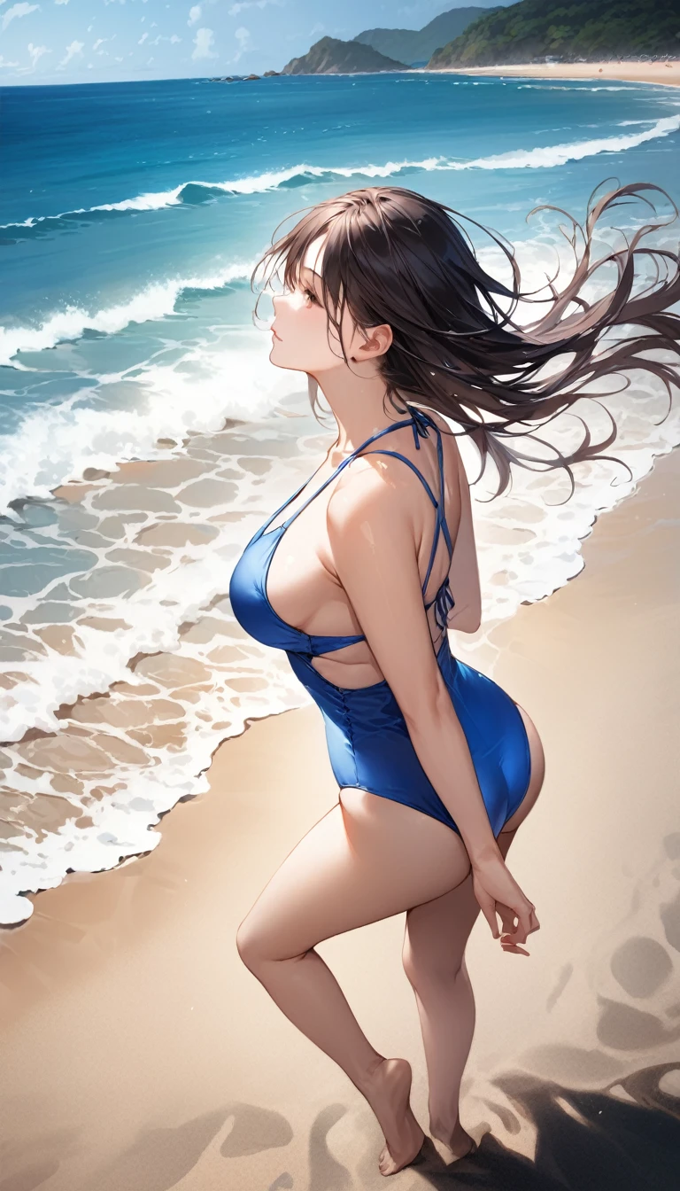 (Masterpiece), (8k size wallpaper), (top quality), Caustics, Detiled、Hyperrealistic Photo、Photorealistic、A beautiful woman in a swimsuit is looking back at the beach、Dynamic photos、Wind