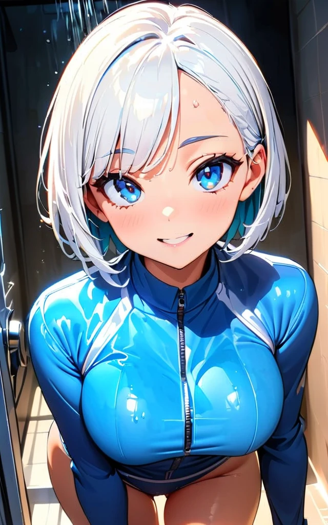 (highest quality:1.2, Very detailed, anime, High detail, Ultra-high resolution, High Contrast, masterpiece:1.2, highest quality, Best aesthetics), (Small face), (Very detailedな肌:1.2), One Woman, (Silver Hair, Short Bob, Asymmetrical bangs, Bright Blue Eyes), (Slim figure:1.4, Woman with slim body and large breasts), Beautiful Eyes, Glossy lips, Glowing Skin, Beautiful thighs, smile, Open your mouth, Swimsuit, Mature Body, Perfect Fingers, Five Fingers, (Shower room, I take a shower), Water droplets on the glass,((Turn your ass towards me)),((On all fours behind))