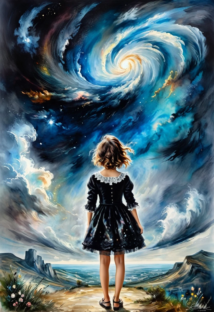 ((view from the back)): [Young 1girl, Cute Black Chaos hurricane Bob To The Wind, ((style by El Greco/Tomas Mann/John Constable!)!)baroque:20]:BG[Nebula IC434] (Art by Slawomir-Maniak), Lush watercolor palette canvas/acrylic, Intricate, Extreme detailing, Complex key, ((Single Shot)), ((Best Quality)), ((Masterpiece)) , ( (Realistic)), (IDEAL), 8K, impressionism: 0.2 Обои Full HD