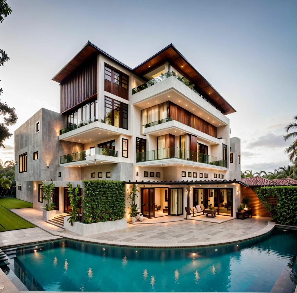 Located at the corner of a bustling intersection, this stunning urban villa masterfully blends the timeless elegance of Indochine style with contemporary design elements. The villa's facade, adorned with expansive glass walls, allows natural light to flood the interior, creating a harmonious connection between the indoor and outdoor spaces. The intricate wrought iron railings and traditional woodwork are complemented by sleek modern finishes, resulting in a striking visual contrast. Lush greenery surrounds the villa, softening its architectural lines and adding to its charm. This fusion of old-world charm and modern sophistication makes the villa a captivating landmark in the cityscape,Nestled at the vibrant corner of a bustling intersection, this urban villa stands as a striking example of Indochine style harmoniously blended with contemporary design. The exterior is a captivating fusion of expansive glass walls and traditional architectural details. These glass walls, framed with sleek black steel, span the length of the facade, offering an uninterrupted view of the lively streets while bathing the interior in natural light. The steel frames provide a modern touch, their clean lines contrasting beautifully with the villa's classic elements.
Elegantly crafted wrought iron balconies adorn the upper levels, their intricate patterns evoking the charm of French colonial architecture. These balconies not only add a decorative flair but also serve as serene outdoor retreats overlooking the busy street below. The ground level features rich wooden shutters and doors, painted in a deep, inviting hue. These wooden elements, with their intricate carvings, add a layer of warmth and tradition, balancing the modernity of the glass and steel.
Surrounding the villa, lush greenery creates a natural, serene border. Carefully manicured gardens and climbing plants soften the villa's architectural lines and add a touch of tranquility amidst the urban, 3dsmax render, realistic photo