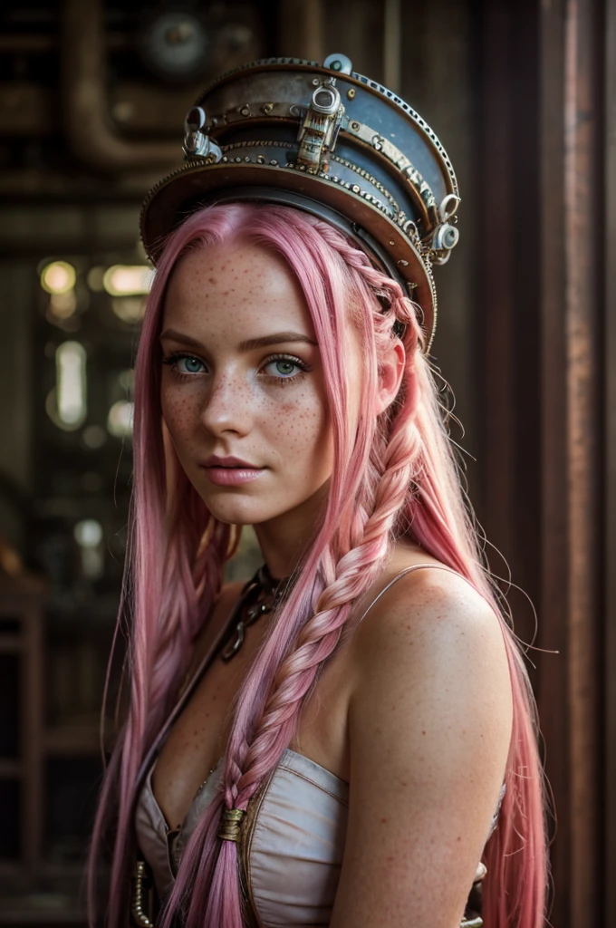 best quality, masterpiece, oral rape, upper body, woman, ruined makeup, blonde hair blown in the wind, shining eyes, steampunk nude style, thin clothes, pink clothes, pink hair, (cum on breasts:1.2)