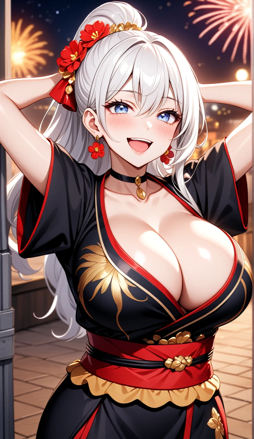 ((one personの女性)), Beautiful Face,((Wink:2.0)),((Put your hands behind your head:1.2)),(Bright red cheeks:1.4),Laughing embarrassedly,Laughing with your mouth open,Glossy pink lips,Lighting on the face,night,rooftop,night景,Colorful fireworks,((Anime style background)),masterpiece, highest quality, so beautiful, Latest, Complex details, (Pink long nails),(ring),(bracelet),(choker),AI-generated, Complex,High resolution, highest quality, super high quality,3D Images、View your viewers、3D Images,one person,Long white hair,High Ponytail,(blue eyes),Anime woman posing for a photo, ((Fine grain、Silvery white colorful eyes、Shining Eyes:1.2)),(Squint your eyes:1.1),a hyperRealistic , hyperRealistic , Realistic,Anime woman with long and white hair, Smooth anime CG art, A woman in a colorful kimono with gold embroidery, (Black kimono),Red floral pattern,Long flower hair ornament,Big earrings,Mature Body,(Big Breasts:1.2),Tall,Abdominal muscles,Narrow waist,(Zoom in on face:1.3),