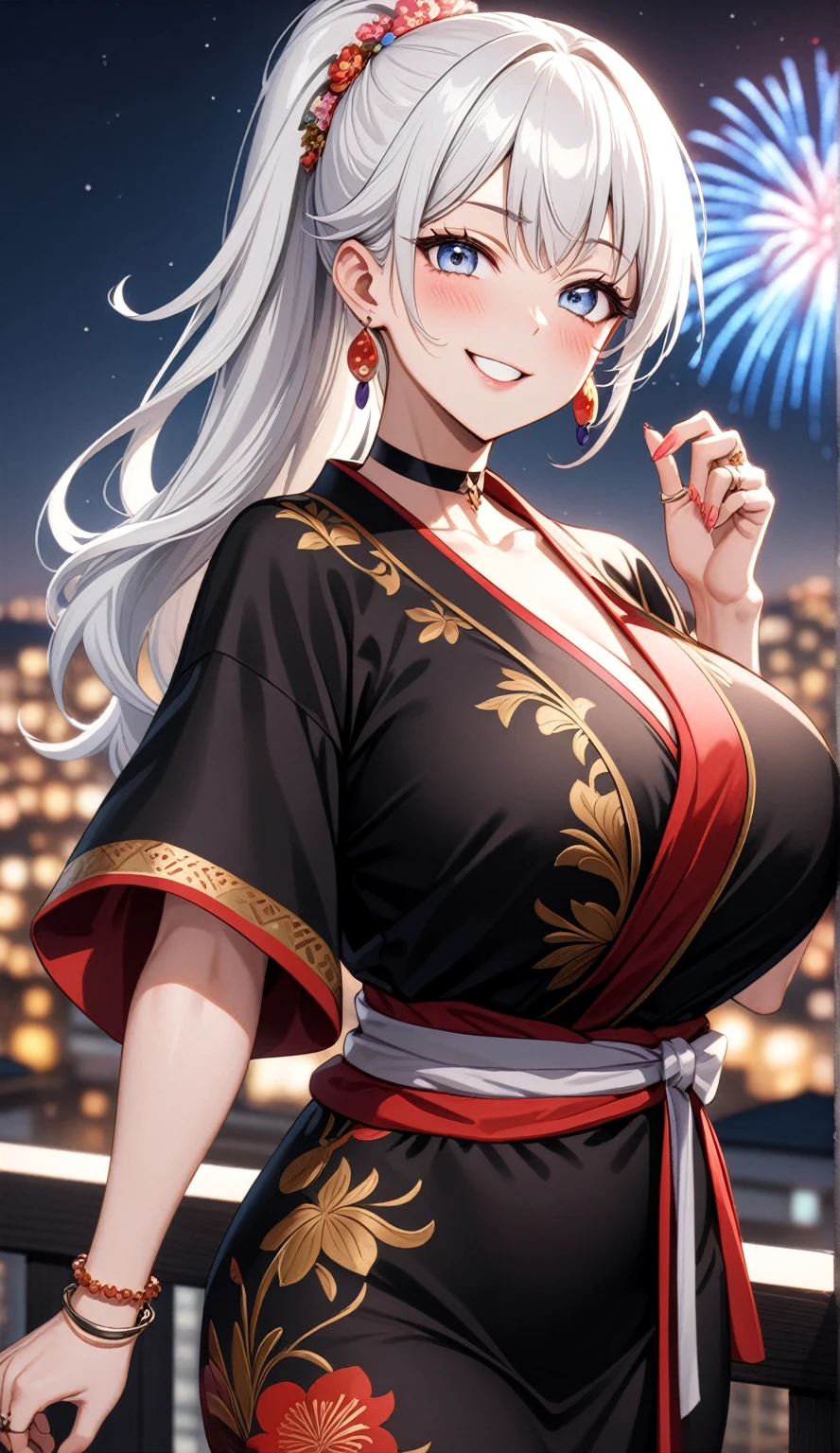 ((one personの女性)), Beautiful Face,((Wink:2.0)),((Put your hands behind your head:1.2)),(Bright red cheeks:1.4),Laughing embarrassedly,Laughing with your mouth open,Glossy pink lips,Lighting on the face,night,rooftop,night景,Colorful fireworks,((Anime style background)),masterpiece, highest quality, so beautiful, Latest, Complex details, (Pink long nails),(ring),(bracelet),(choker),AI-generated, Complex,High resolution, highest quality, super high quality,3D Images、View your viewers、3D Images,one person,Long white hair,High Ponytail,(blue eyes),Anime woman posing for a photo, ((Fine grain、Silvery white colorful eyes、Shining Eyes:1.2)),(Squint your eyes:1.1),a hyperRealistic , hyperRealistic , Realistic,Anime woman with long and white hair, Smooth anime CG art, A woman in a colorful kimono with gold embroidery, (Black kimono),Red floral pattern,Long flower hair ornament,Big earrings,Mature Body,(Big Breasts:1.2),Tall,Abdominal muscles,Narrow waist,(Zoom in on face:1.3),