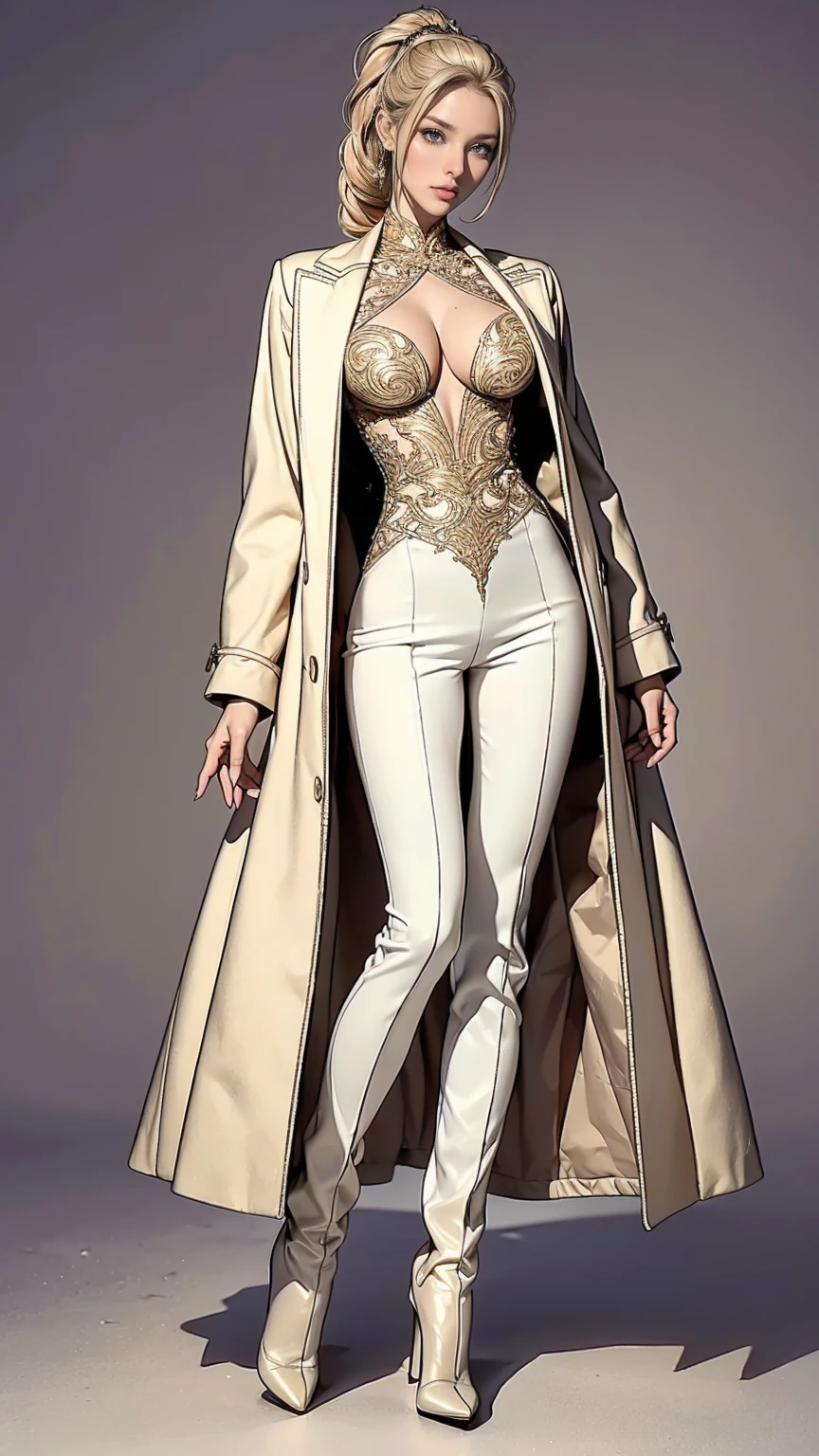 (Best quality, 4K, high resolution, masterpiece:1.2), ultra-detailed, realistic (photo-realistic:1.37), 40 years old, Russian woman, Matriarch of the Russian Mafia Gang, ambitious, elegance, calm, charming, intimidate, (blonde hair, power ponytail hairstyle), perfect lash, perfect makeup, sun-tan skin, expressive blue eyes, wine lips, mature woman charms, seductive allure, perfect hourglass body shape, long toned legs, flat abs, perfectly round E cup breasts, very Tall, slim, with peachy hips, ((Wearing elegance beige Vicuña coat and matching white pants)), ((long lacquer high heel Boots)), Background featuring luxurious penthouse, ((intricate detail)), super finely detailed hands, ultra finely detailed fingers(((ten fingers))), (standing still), ((full body showcase)), ((show full body))