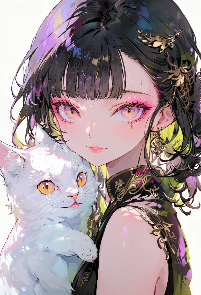 (highest quality,Super detailed,High resolution:1.2),beautiful woman with perfect face,very_Long eyelashes, Detailed lips, A radiant smile, Soft Skin, Shiny Hair,Exquisite makeup,Heavy bangs，Hugging a cat