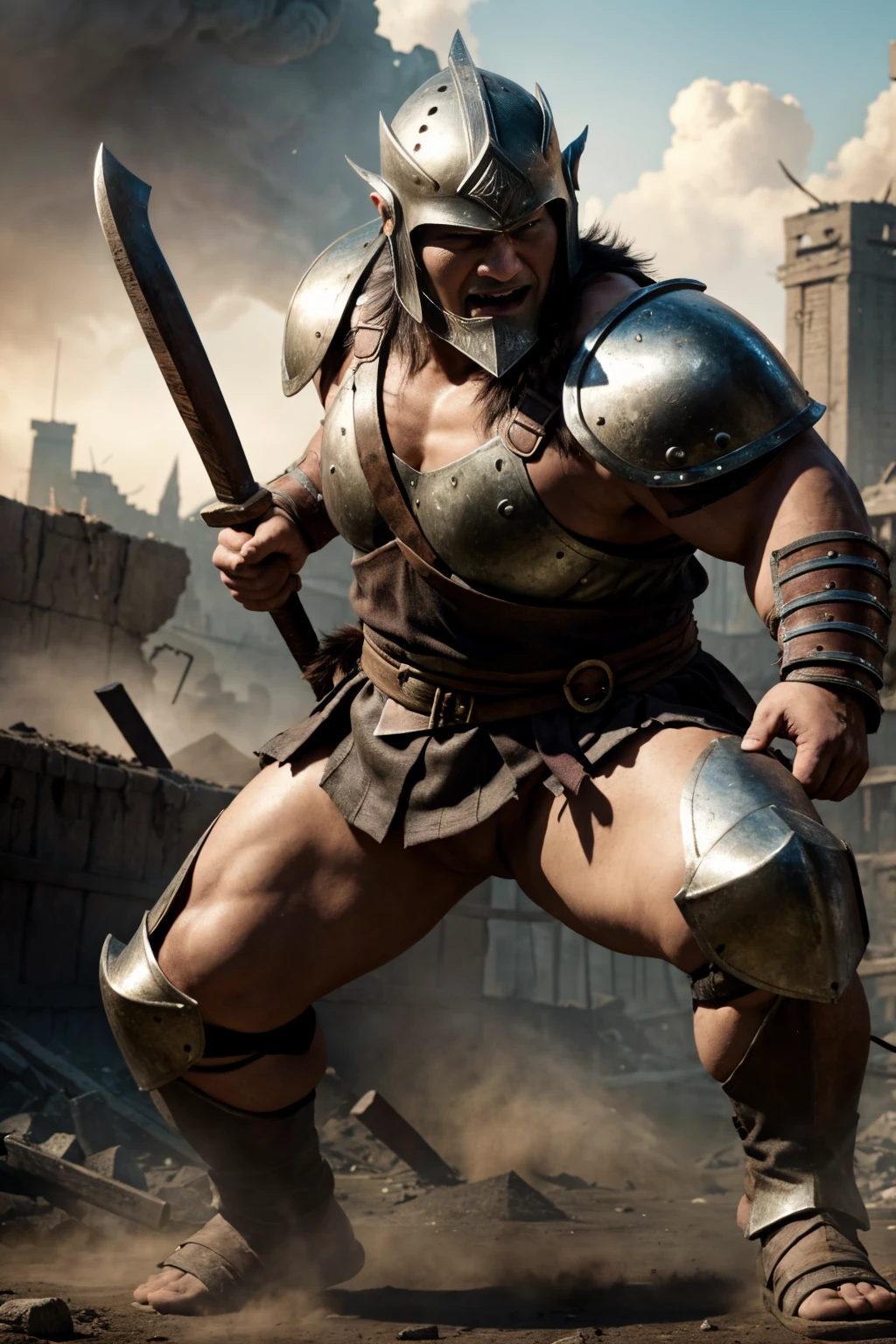 looking at us, shoot from front, face focus, Bandit, Fat ferocious barbarian:2, This barbarian is a robust stocky Japanese, smirking, mid combat, intense battle scene, leather and iron armor, armored short skirt, holding a Viking War Axes, viking helmet, legs exposed from thighs to feet, fierce warriors, ancient battlefields, epic showdown, battleground background, masterpiece, volumetric lighting, Dramatic, Uighur the Warden, breathtaking action, dynamic poses, bald, ((ultra sharp)), ((masterpiece)), ((best quality)), ((ultra detailed)), ((intricate details)), Inguinal region detailed, Dilapidated, breathtaking action, destroyed city after big air raids, A desolate, post-apocalyptic cityscape, A brutal scene, lets out a yell, casting an ominous shadow, 