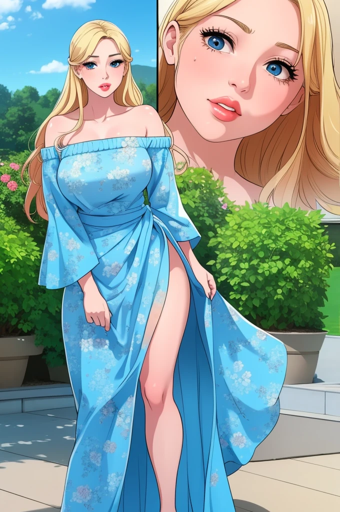 woman, long gold blonde shiny hair, blue big eyes, puffy lips, wearing a short sexy loose revealing sky-blue floral dress along with a pink sash around the waist and a white off-shoulder sweater, standing straight pose, hands joined together, looking at the viewer, big garden in the background, day time, show full body from head to feet.