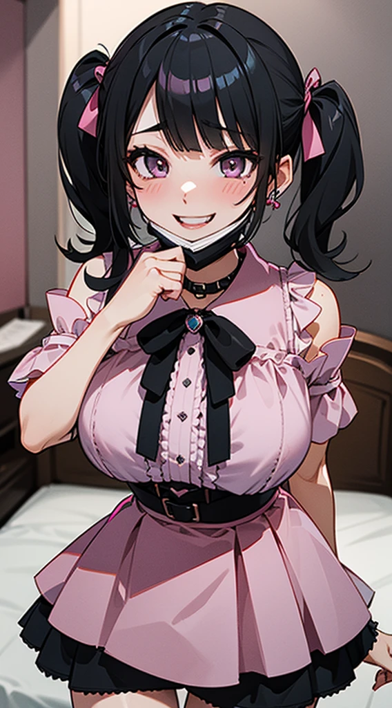 (8k、Best image quality、highest quality、masterpiece)、Detailed face、One Girl、Black Hair、((Twin tails))、Blunt bangs、short hair、Wavy Hair、Grey Eyes、Earrings、Wicked Smile、Grin、mask_Pull、Super big boobs、((Pink clothes))、Black mini skirt、jirai kei attire、Cowboy Shot、(night:1.8, Love hotels in Japan:1.8, Dark Room:1.8, Dark pink lighting:1.7, Teasing in bed)