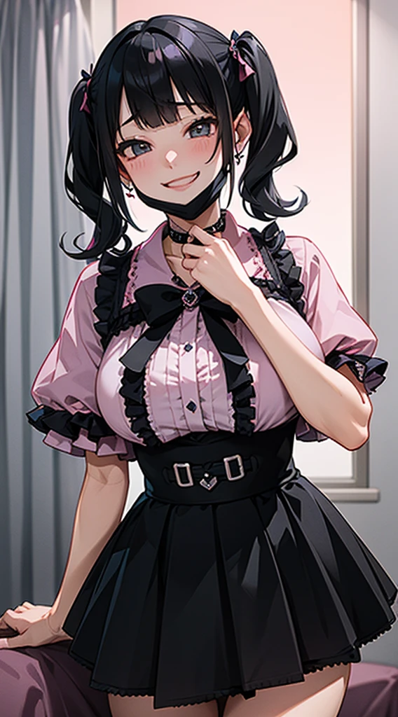 (8k、Best image quality、highest quality、masterpiece)、Detailed face、One Girl、Black Hair、((Twin tails))、Blunt bangs、short hair、Wavy Hair、Grey Eyes、Earrings、Wicked Smile、Grin、mask_Pull、Super big boobs、((Pink clothes))、Black mini skirt、jirai kei attire、Cowboy Shot、(night:1.8, Love hotels in Japan:1.8, Dark Room:1.8, Dark pink lighting:1.7, Teasing in bed)