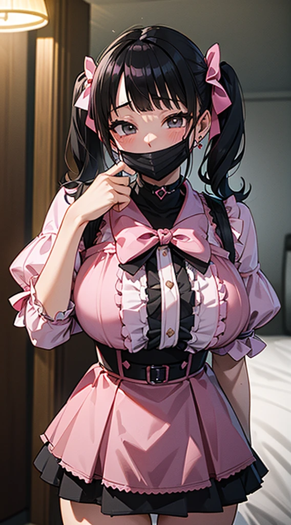 (8k、Best image quality、highest quality、masterpiece)、Detailed face、One Girl、Black Hair、((Twin tails))、Blunt bangs、short hair、Wavy Hair、Grey Eyes、Earrings、Wicked Smile、Grin、mask_Pull、Super big boobs、((Pink clothes))、Black mini skirt、jirai kei attire、Cowboy Shot、(night:1.8, Love hotels in Japan:1.8, Dark Room:1.8, Dark pink lighting:1.7, Teasing in bed)