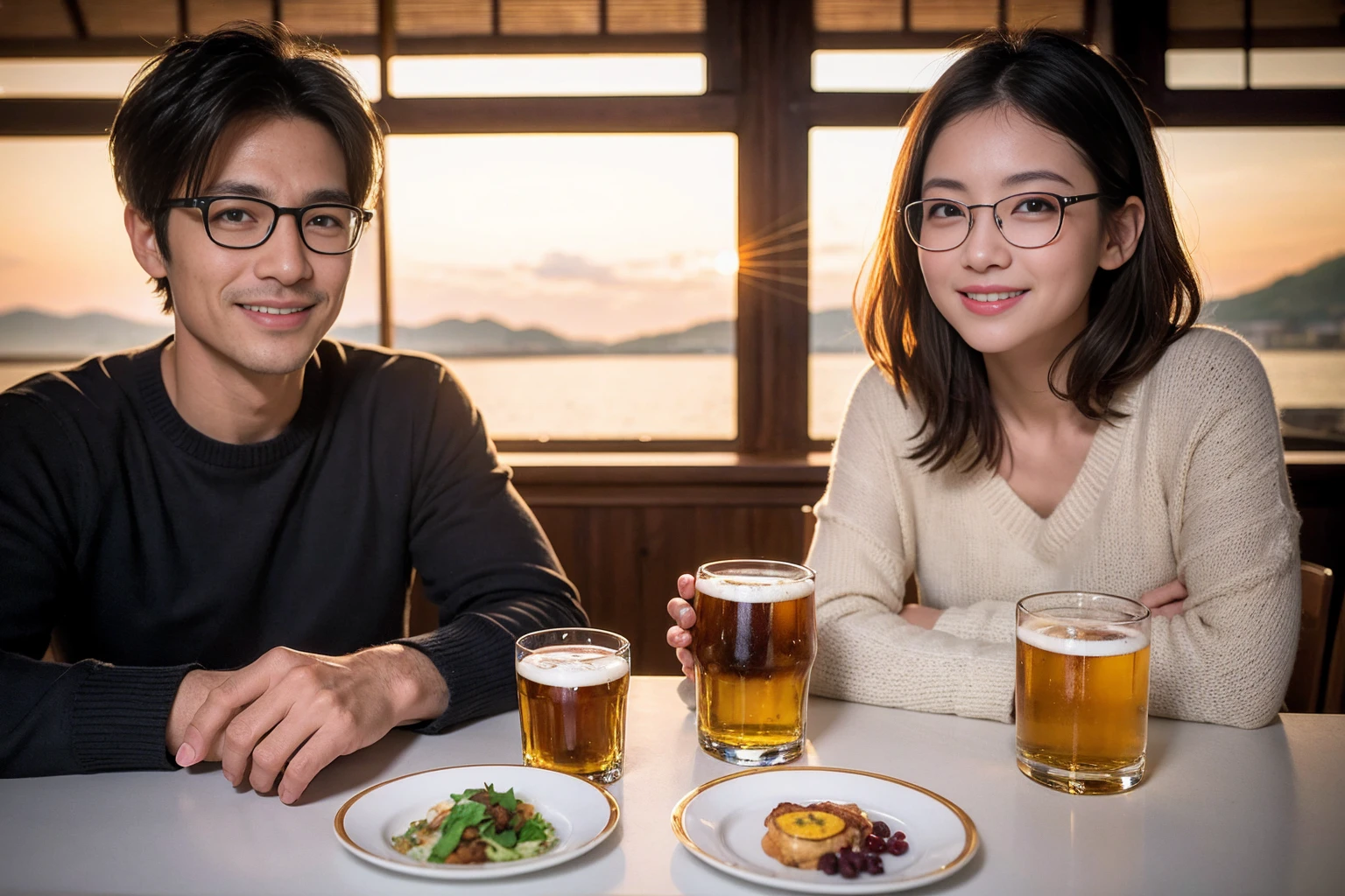 ((highest quality、8k、masterpiece:1.3))、 (Real, Genuine、Face carefully、Bright image、Intricate details:1.2), 最高のsmile、1 male, 1 female、Beautiful couple、Lovers、Japanese couple、A gentle lover、actresodel、smile、Glasses on the table、full-course dinner、 (Slim face), (the body is slim), (Brown Hair), (short hair), Please put light on my face、 Amazing view of the sunset sky and clouds、 (42 years old), 39 years old, Cashmere sweater, Super Fine Face, Delicate eyes, double eyelid, Japanese sake,Junmai Ginjo,Sake Glass, Shochu、Beer