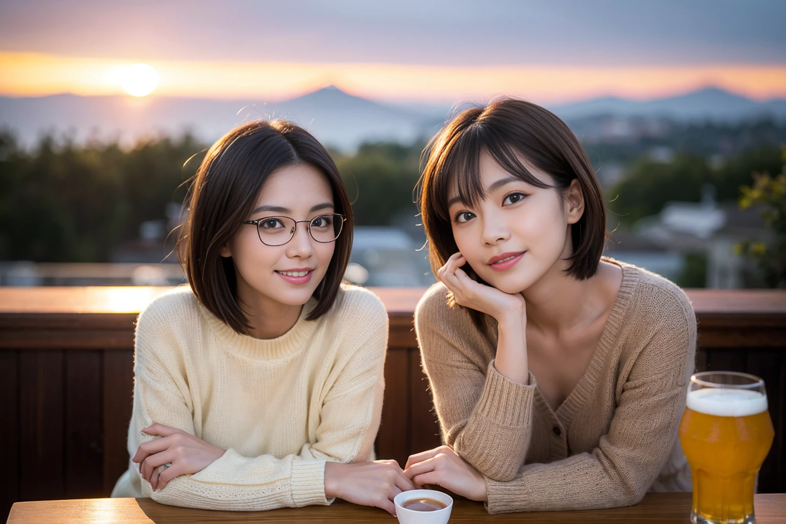 ((highest quality、8k、masterpiece:1.3))、 (Real, Genuine、Face carefully、Bright image、Intricate details:1.2), 最高のsmile、1 male, 1 female、Beautiful couple、Lovers、Japanese couple、A gentle lover、actresodel、smile、Glasses on the table、full-course dinner、 (Slim face), (the body is slim), (Brown Hair), (short hair), Please put light on my face、 Amazing view of the sunset sky and clouds、 (42 years old), 39 years old, Cashmere sweater, Super Fine Face, Delicate eyes, double eyelid, Japanese sake,Junmai Ginjo,Sake Glass, Shochu、Beer