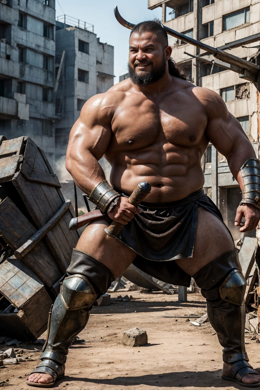 looking at us, shoot from front, face focus, Bandit, Fat ferocious barbarian:2, This barbarian is a robust stocky Japanese, smirking, mid combat, intense battle scene, leather and iron armor, armored short skirt, holding a Viking War Axes, viking helmet, legs exposed from thighs to feet, fierce warriors, ancient battlefields, epic showdown, battleground background, masterpiece, volumetric lighting, Dramatic, Uighur the Warden, breathtaking action, dynamic poses, bald, ((ultra sharp)), ((masterpiece)), ((best quality)), ((ultra detailed)), ((intricate details)), Inguinal region detailed, Dilapidated, breathtaking action, destroyed city after big air raids, A desolate, post-apocalyptic cityscape, A brutal scene, lets out a yell, casting an ominous shadow,