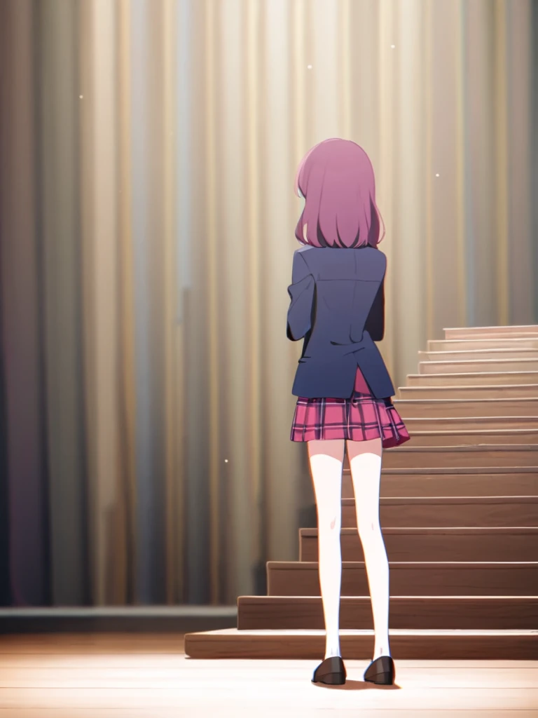 One girl、Standing on a wooden stage、Wearing 、blazer、shirt、skirt、Dark pink hair、blue eyes、Attention posture