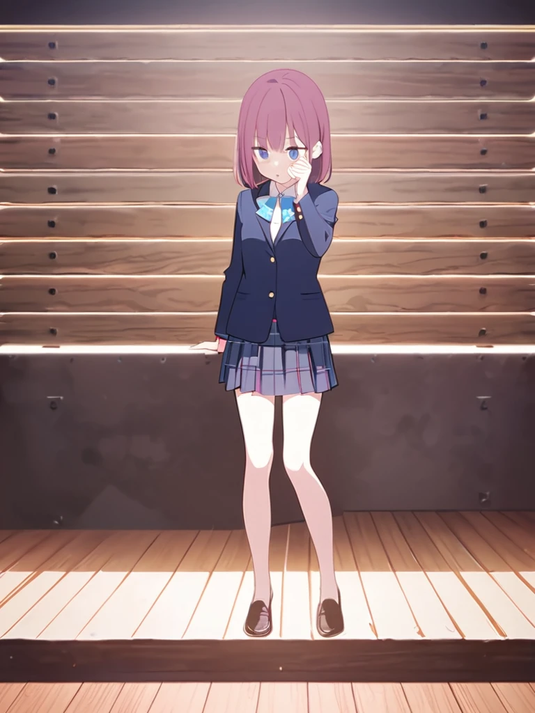 One girl、Standing on a wooden stage、Wearing 、blazer、shirt、skirt、Dark pink hair、blue eyes、Attention posture