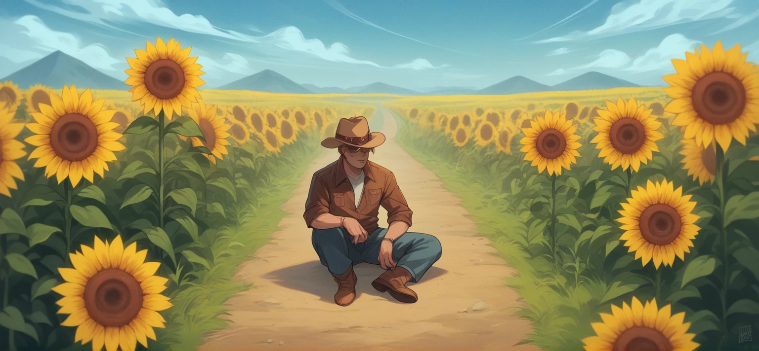 A huge three-dimensional letter "Only Henan" is made of straw, surrounded by sunflowers and cowboy hats on the ground, with yellow grass in the background, creating an overall golden atmosphere. The photo uses a blue sky colour scheme to highlight the autumn elements. This visual effect presents warm tones and creates vibrancy for the outdoor advert. The photography style has a strong contrast between light and dark, showing nature through photography.