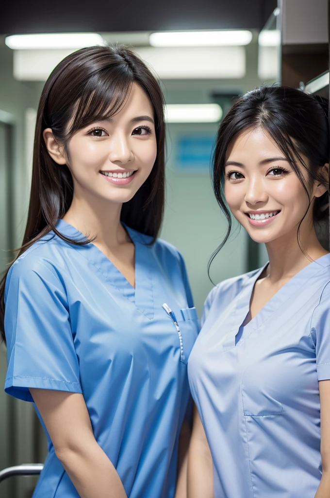 Dental hygienist, only two women Side by side, smiling, wearing medical scrubs White, short sleeves, cute, Japanese, black hair, 20s Upper body close-up high resolution highest quality
