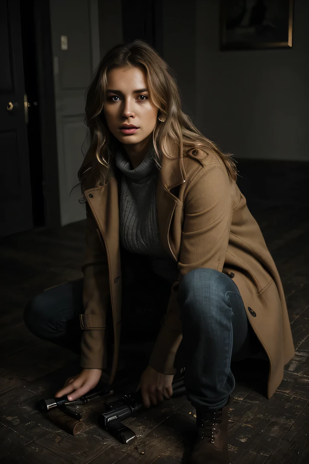 woman, a striking 22-year-old American model with light brown hair , wavy hair, 172 height, full body photo, mix face veronika bielik, danusia draghici face, cute faces, girlfriend, blonde and attractive features, (Suspense Scene ((Concept Art)), Highly detailed image of a girl in jeans and a brown coat and boots), (Better lighting, Better Shadows, Very delicate and scary), (digital illustration), ((4K Painting)), [(Dynamic Angle,((One girl)),Gray Hair, (Beautiful Face, Perfect Face, Scared,) Expressions of fear, Torn clothes, Holding a gun in your hand, Sitting on the floor, darkness, Scary House), [:(dark, Mysterious, Game Paint, An ominous setting, Jagged Hallway, Big House, Deathly Silence):]
