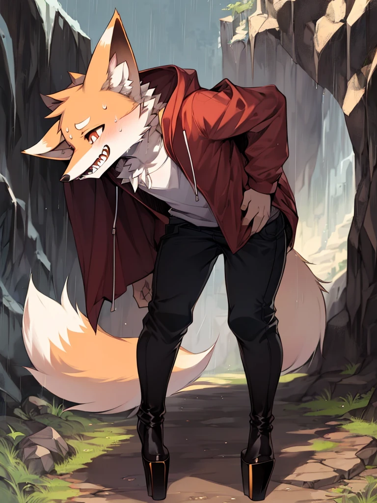 background:Cave stone wall,solo,outside,rain,
Shota,Full body description,fox,Double teeth,Long Parka,,pants,Knee-high boots,Platform heels,sweating,Inner thighs,patience,posture:Leaning forward,Put your hand on the wall,Grab onto a cliff