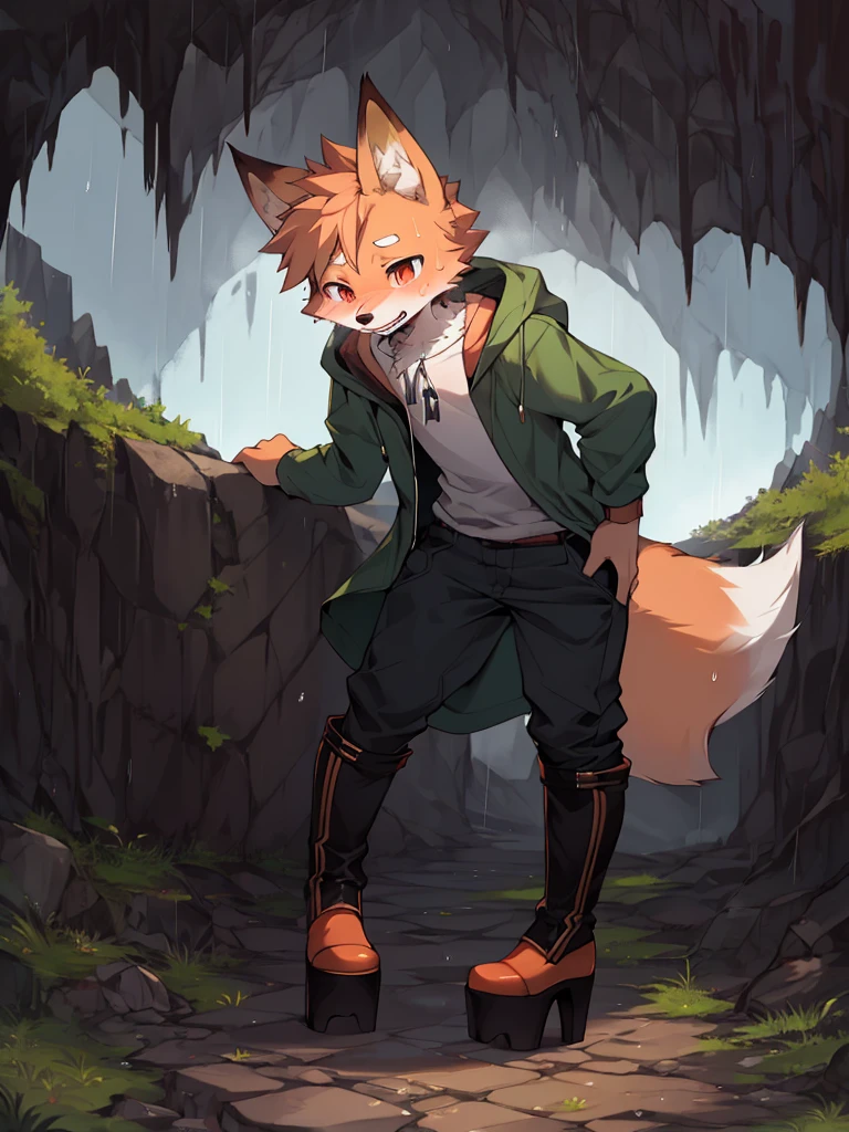 background:Cave stone wall,solo,outside,rain,
Shota,Full body description,fox,Double teeth,Long Parka,,pants,Knee-high boots,Platform heels,sweating,Inner thighs,patience,posture:Leaning forward,Put your hand on the wall,Grab onto a cliff