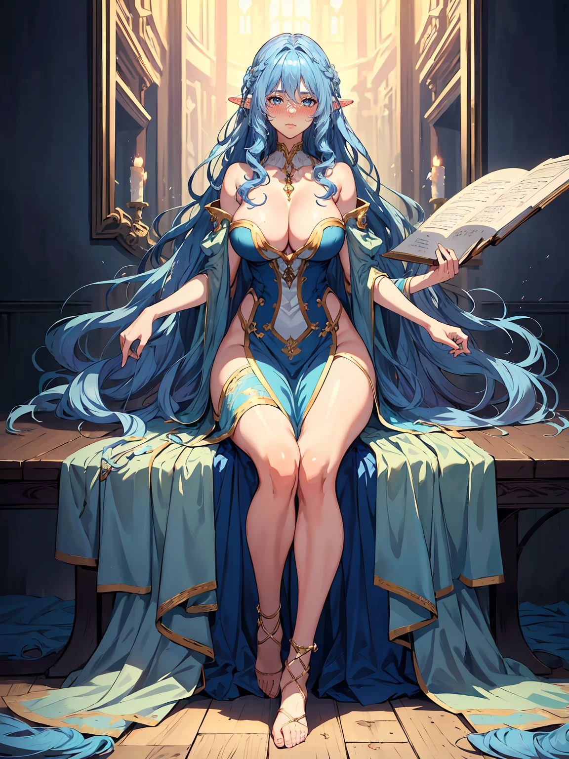 handsome mature woman，Long wavy BLUE hair，Hyperresolution，accuracy，Detailed rendering，（Subtle facial image）（Image of fine hair）（topquality）（Masterpieces of masters）（High degree of completeness）（A sense of atmosphere）tmasterpiece，Super detailed and super detailed（half-body portrait）((Masterpiece, Highest quality)), Detailed face, CharacterDesignSheet, full bodyesbian, Full of details, Multiple poses and expressions, Highly detailed, Depth, Many parts，Beautiful，Extremely beautiful，High Balance, Natural light, drawn art style, elven ears, naked, large breasts, bigger breasts, medium blue hair, curly hair down to ankles, ankle length hair, (((Ankle length hair))) (((thick hair))) (((Blushing))) 