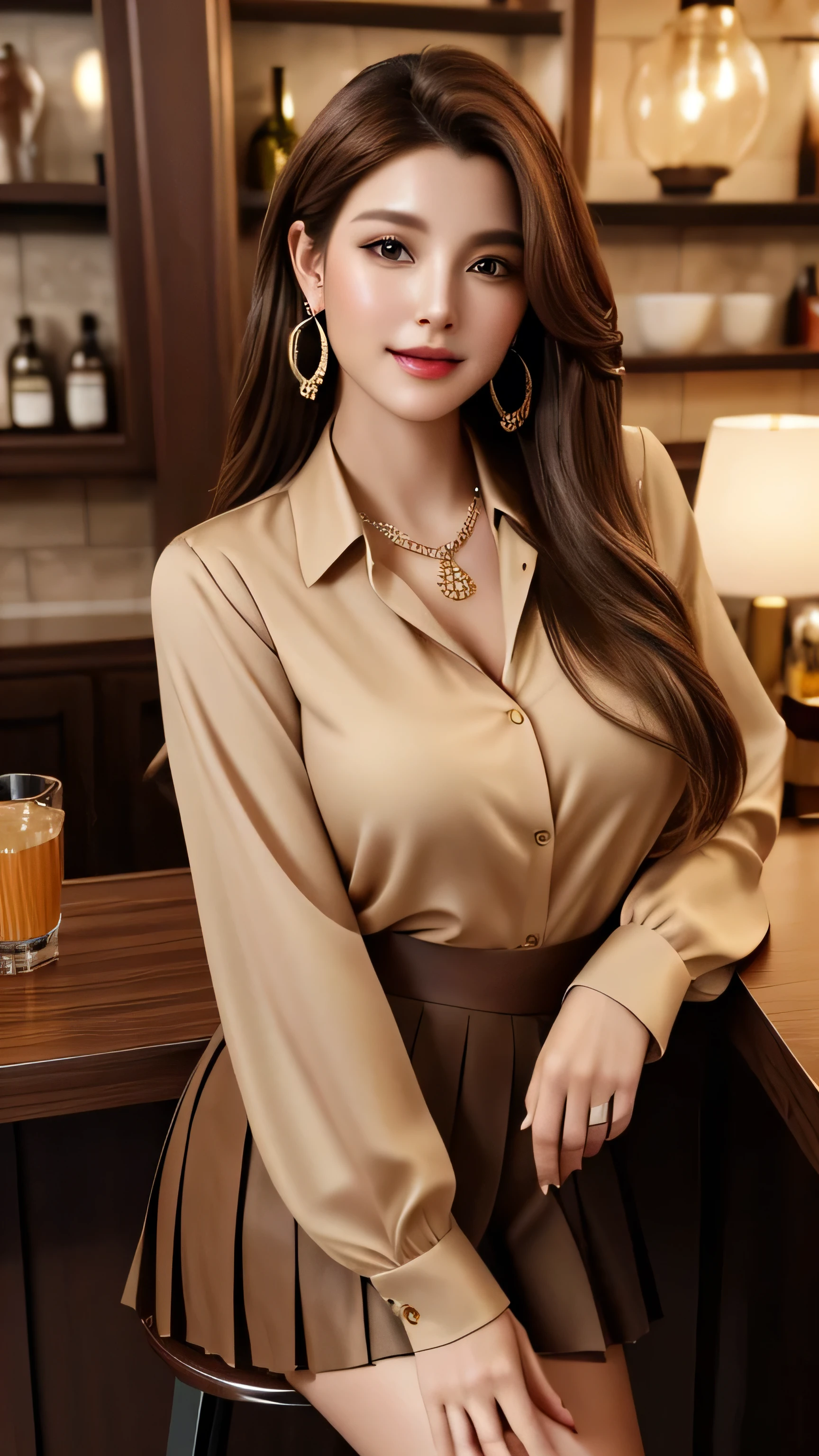 masterpiece, highest quality, Realistic, Super detailed, In detail, High resolution, 8k wallpaper, 1. Beautiful Women, Light brown hair, Sharp focus, Perfect dynamic composition, Beautiful fine details, Fine hair, Detailed and realistic skin texture, smile, Portraiture, Model Body Type,brown long sleeve button up blouse_brown pleated mini skirt＿brown tie、full body portrait、From an oblique angle above、Long straight hair_Hair reaching down to the waist、Place your left hand gently on your chin＿see-through sleeves、Sits on a bar chair by the counter in a seductive pose in a stylish bar at night,gold necklace＿Large earrings,full figure supermodel standing, entire body in frame、12cm high heels