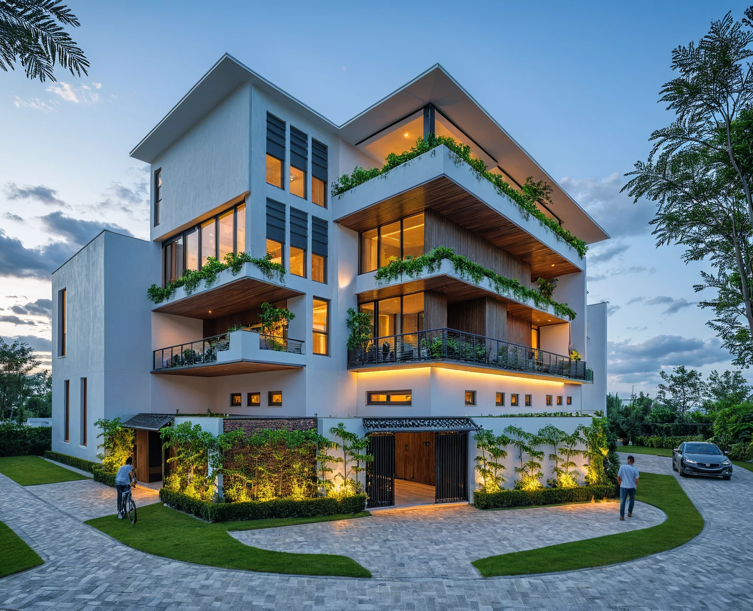Masterpiece, high quality, best quality, authentic, super detail, outdoors, onestoreyofficeXL, aiaigroup, villa style modern on the garden ,stairs, white wall , road,pavement, grass, trees, sky, cloud, (nightlight:1.1), random style color exterior
