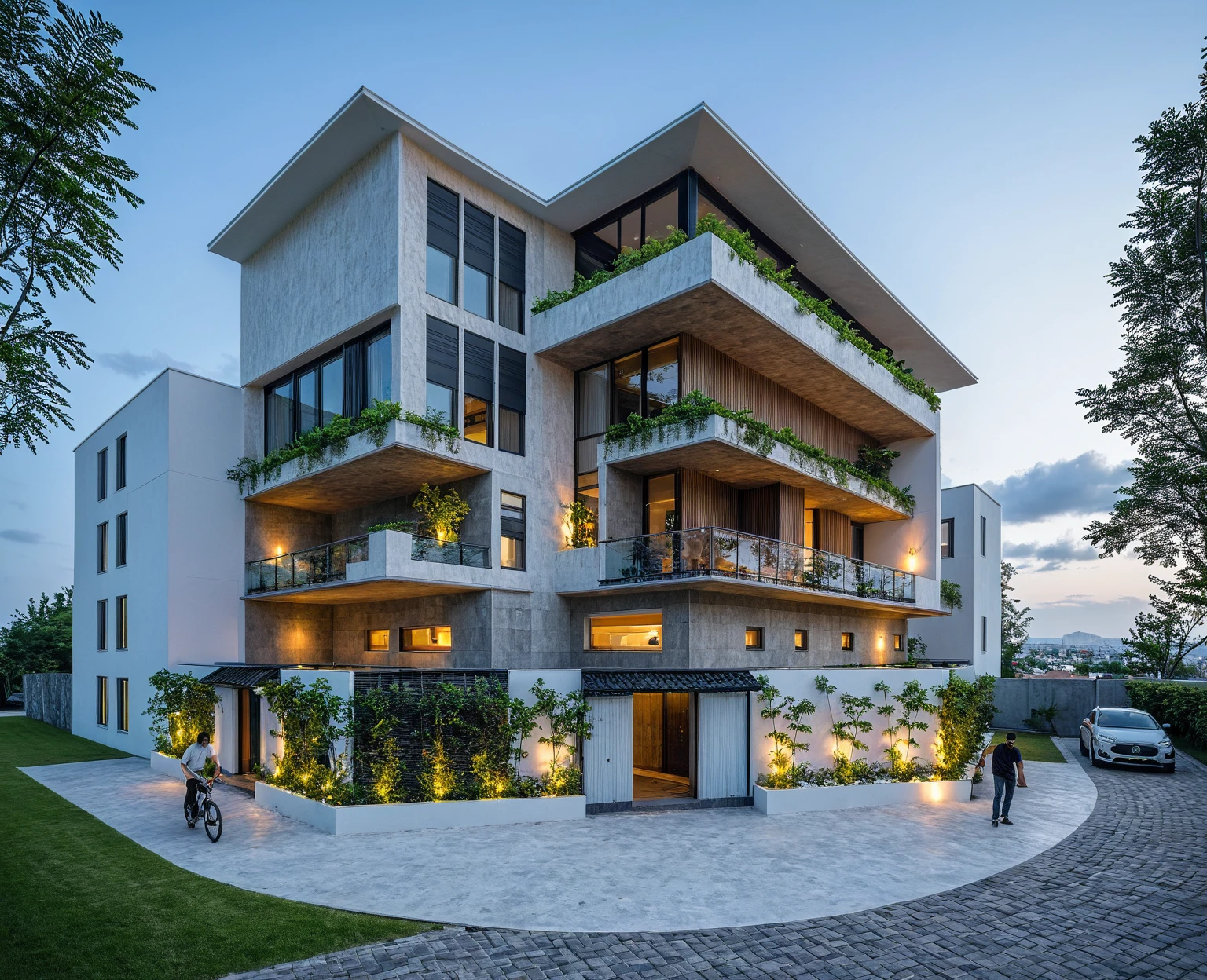 Masterpiece, high quality, best quality, authentic, super detail, outdoors, onestoreyofficeXL, aiaigroup, villa style modern on the garden ,stairs, white wall , road,pavement, grass, trees, sky, cloud, (nightlight:1.1), random style color exterior