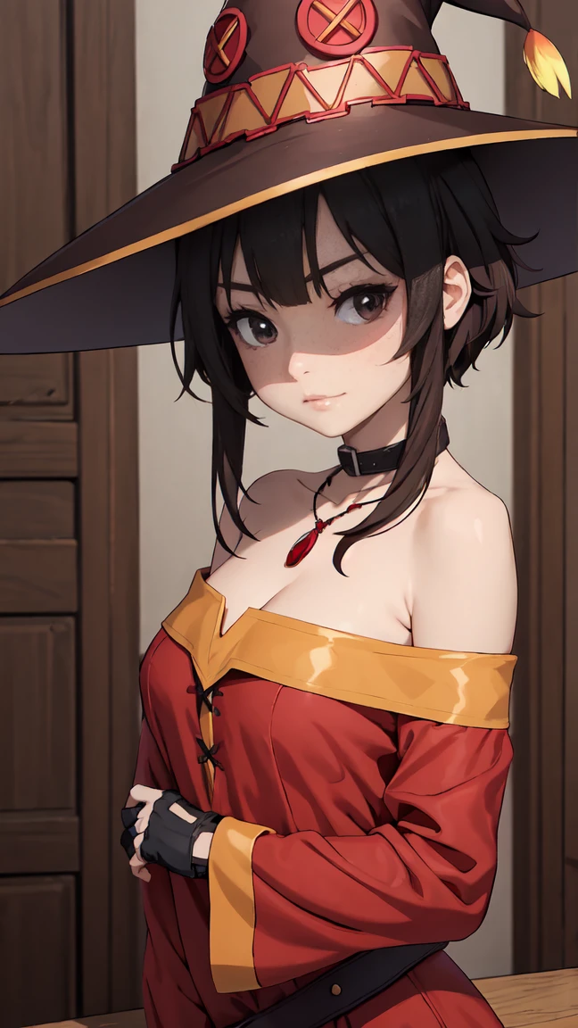 Artgerm, table, Best quality, extremely detailed, table, Best quality, Megumin, 1 girl in, bare shoulders, Black e.g, black gloves, black hair, e.g, necklace, clavicle, dress, hair between eyes, It has, Long sleeves, I look at the viewer, Medium hair, off shoulder dress, off the shoulders, Red dress, Red eyes, side locks, One, witch hat, in room