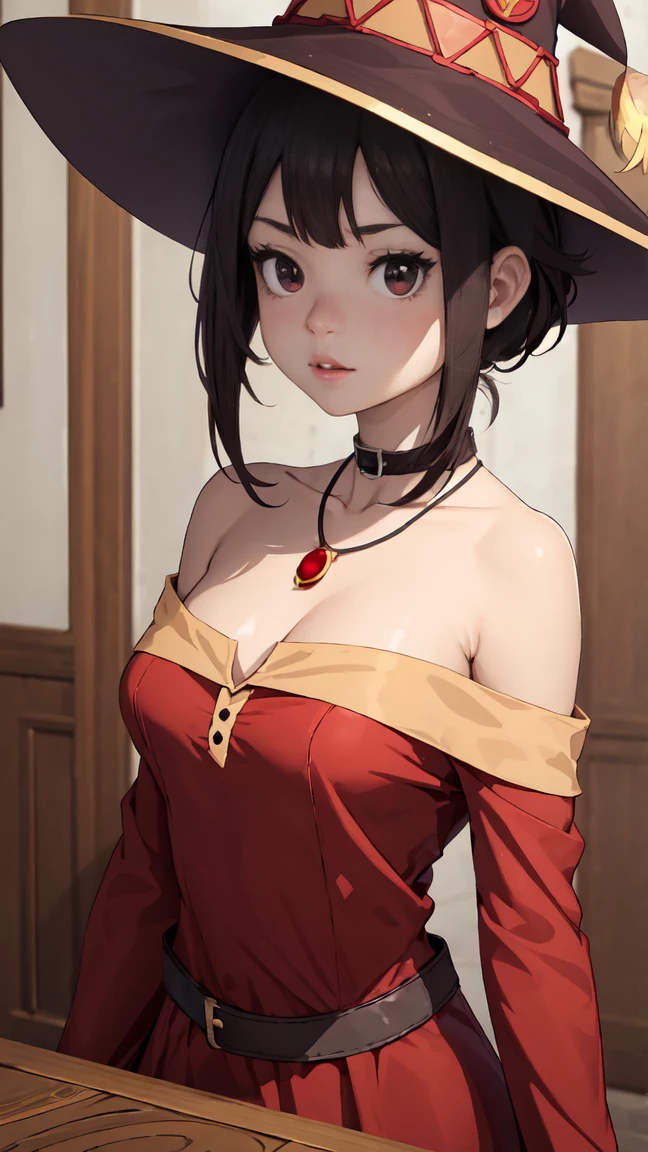 Artgerm, table, Best quality, extremely detailed, table, Best quality, Megumin, 1 girl in, bare shoulders, Black e.g, black gloves, black hair, e.g, necklace, clavicle, dress, hair between eyes, It has, Long sleeves, I look at the viewer, Medium hair, off shoulder dress, off the shoulders, Red dress, Red eyes, side locks, One, witch hat, in room