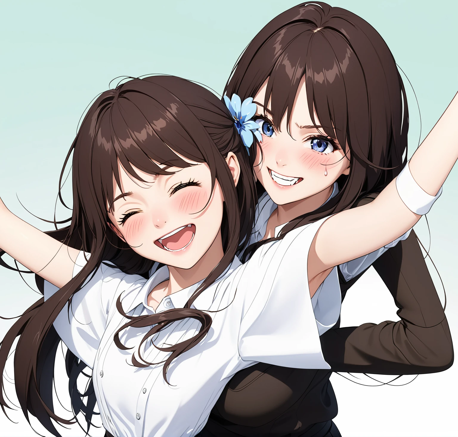 two extremely delicate and beautiful girls,Girl in white shirt raising her arms,The other girl put her hand into the sleeve of the girl in the white shirt with a sly smile,(laughing:1.4),(big mouth:1.1),open mouth,happy,(frown:1.3),crazy smile,(pain face:1.2),blush,tears,sweat,(tickling armpits),((trembling)),(((masterpiece))), (((best quality))), (official art), ((extremely detailed CG unity 8k wallpaper)), (Best character details), ((ultra-detailed)), (illustration), (dynamic angle),