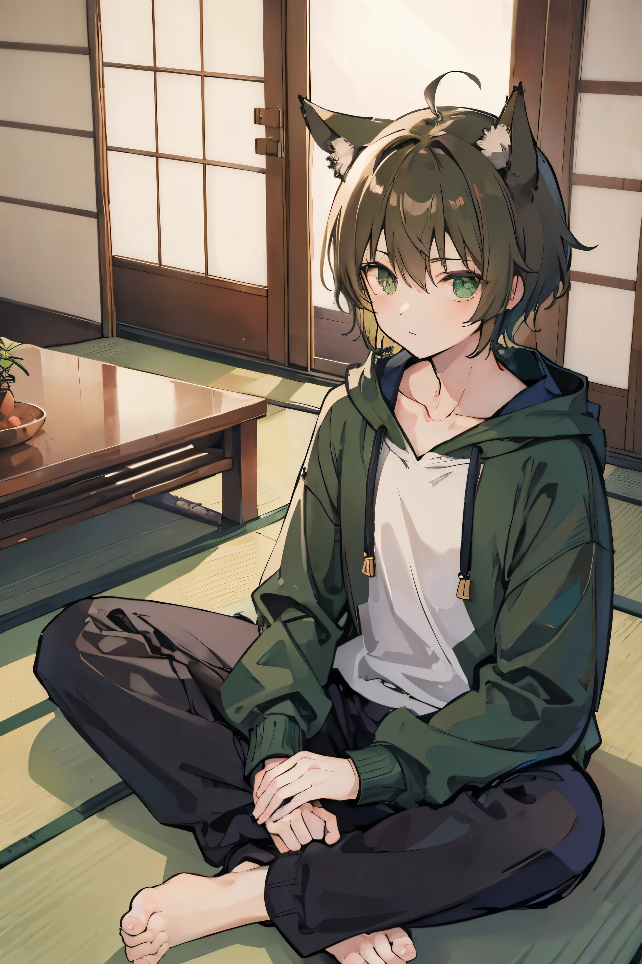 Japanese-style room、Sunlight、Cross-legged、Dog Ears、Protruding ears、light brown shorthair、Dark green hoodie、Black trousers、High school boys
