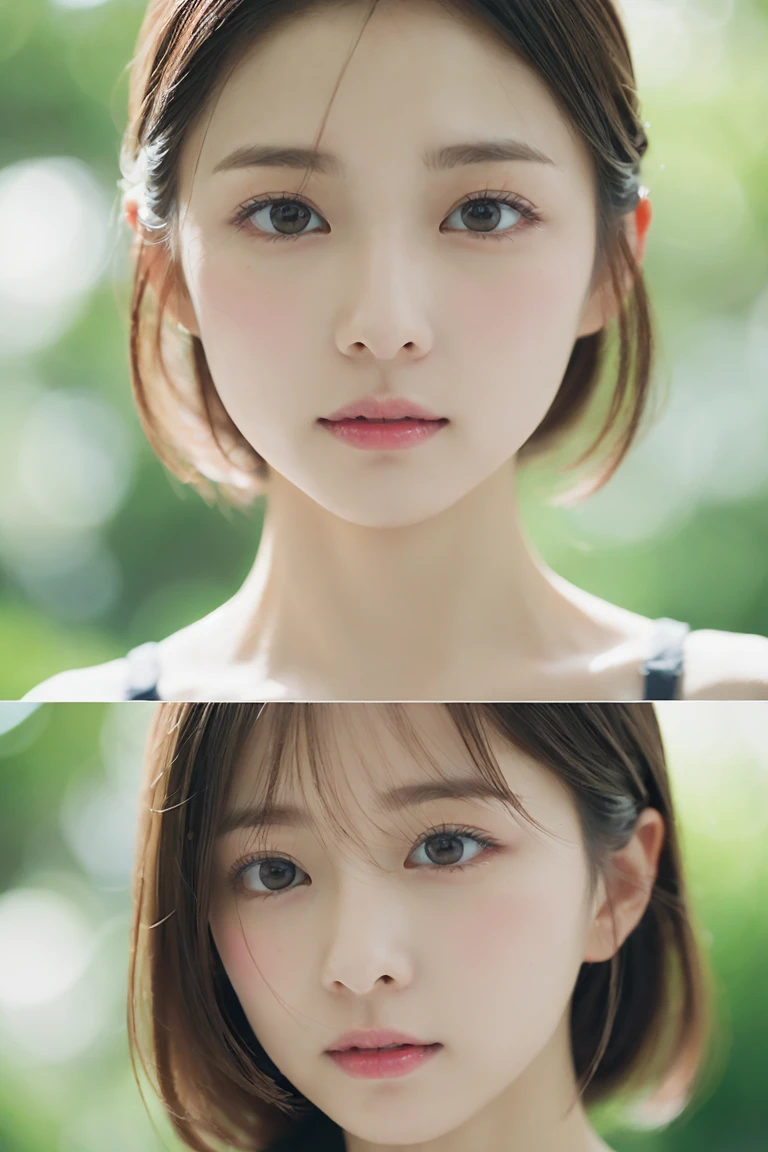 (in 8K,Raw photography,Highest Quality,realisitic,Photorealsitic,extremely delicate and beautiful,Highly detailed,finely detail,ultra-detailliert,hight resolution:1.3),japanes, femele、(age19)、Viewer's Perspective Beautiful and shiny straight bob hair Bangs are parted in the middle Embarrassed look Half-open lips (Beautiful fece:1.2) (kawaii:1.3) front facing Half-open lips Beautifully groomed hair Beautiful pink rose garden on background ((Accurate and detailed human body:1.3))