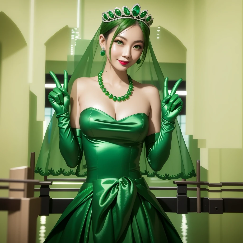 Emerald tiara, Green Pearl Necklace, ボーイッシュな非常に短いGreen Hair, Green Lips, Smiling Japanese woman, Very short hair, Busty beautiful lady, Green Eyes, Green satin long gloves, Green Eyes, Emerald Earrings, Green veil, V sign, Green Hair, Beautiful Japanese Woman, green lip gloss