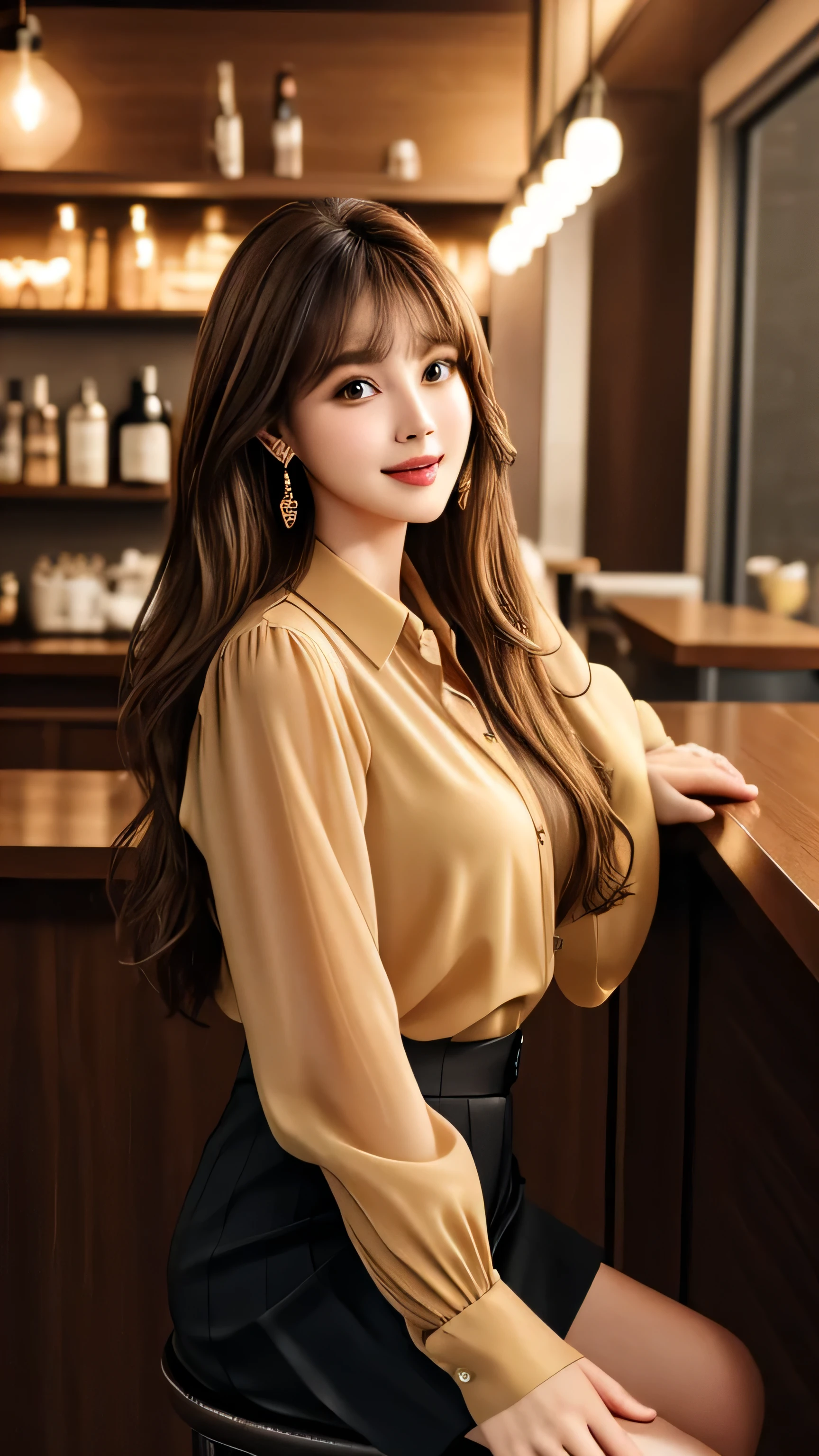 masterpiece, highest quality, Realistic, Super detailed, In detail, High resolution, 8k wallpaper, 1. Beautiful Women, Light brown hair, Sharp focus, Perfect dynamic composition, Beautiful fine details, Fine hair, Detailed and realistic skin texture, smile, Portraiture, Model Body Type,brown long sleeve button up blouse_brown pleated mini skirt＿brown tie、full body portrait、Long straight hair_Hair reaching down to the waist with bangs、Place your left hand gently on your chin＿see-through sleeves、Sits on a bar chair by the counter in a seductive pose in a stylish bar at night,gold necklace＿Large earrings,full figure supermodel standing, entire body in frame、12cm high heels