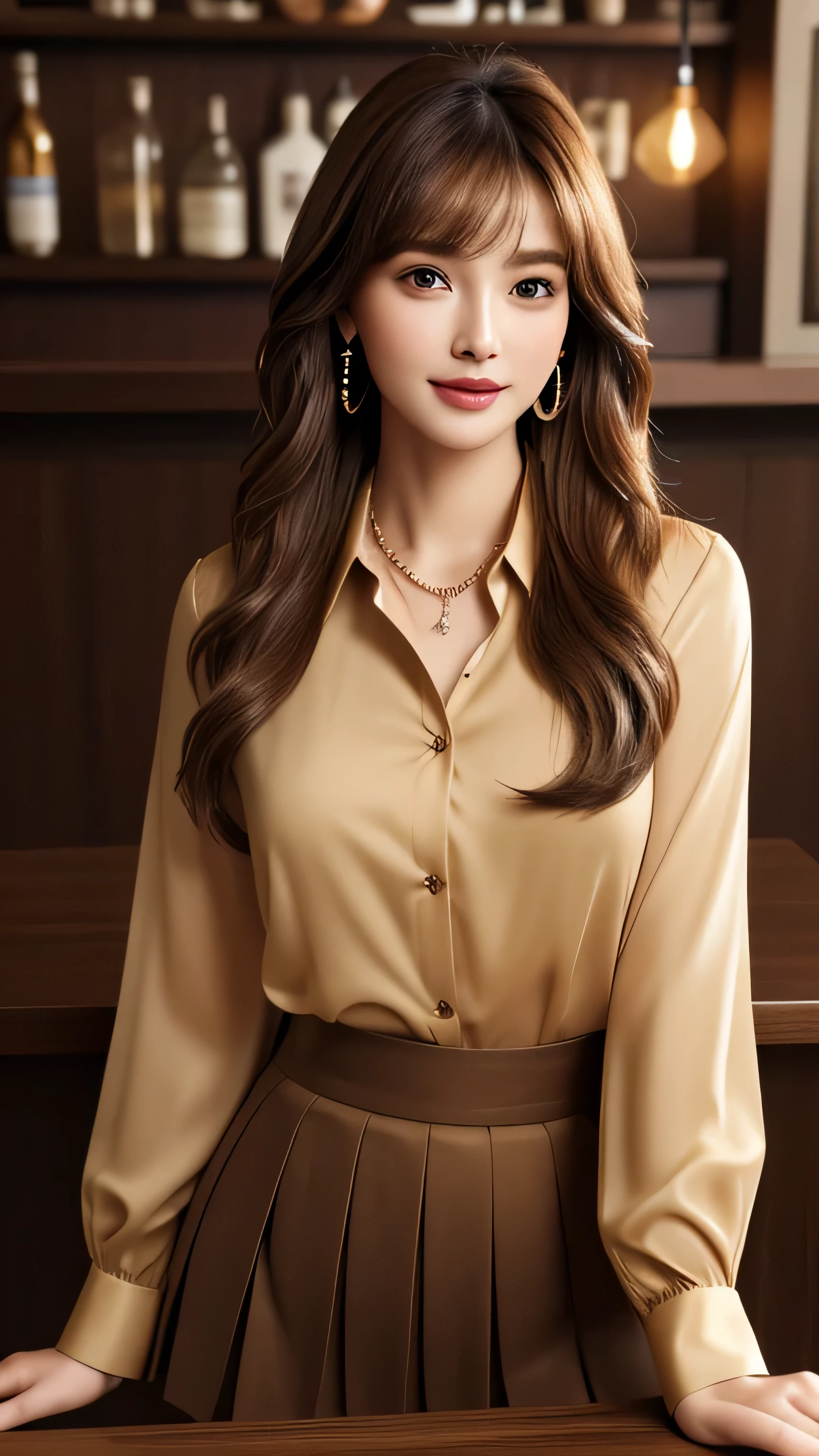 masterpiece, highest quality, Realistic, Super detailed, In detail, High resolution, 8k wallpaper, 1. Beautiful Women, Light brown hair, Sharp focus, Perfect dynamic composition, Beautiful fine details, Fine hair, Detailed and realistic skin texture, smile, Portraiture, Model Body Type,brown long sleeve button up blouse_brown pleated mini skirt_brown tie、full body portrait、Long straight hair_Hair reaching down to the waist with bangs、Place your left hand gently on your chin_see-through sleeves、Sits on a bar chair by the counter in a seductive pose in a stylish bar at night,gold necklace_Large earrings,full figure supermodel standing, entire body in frame、12cm high heels