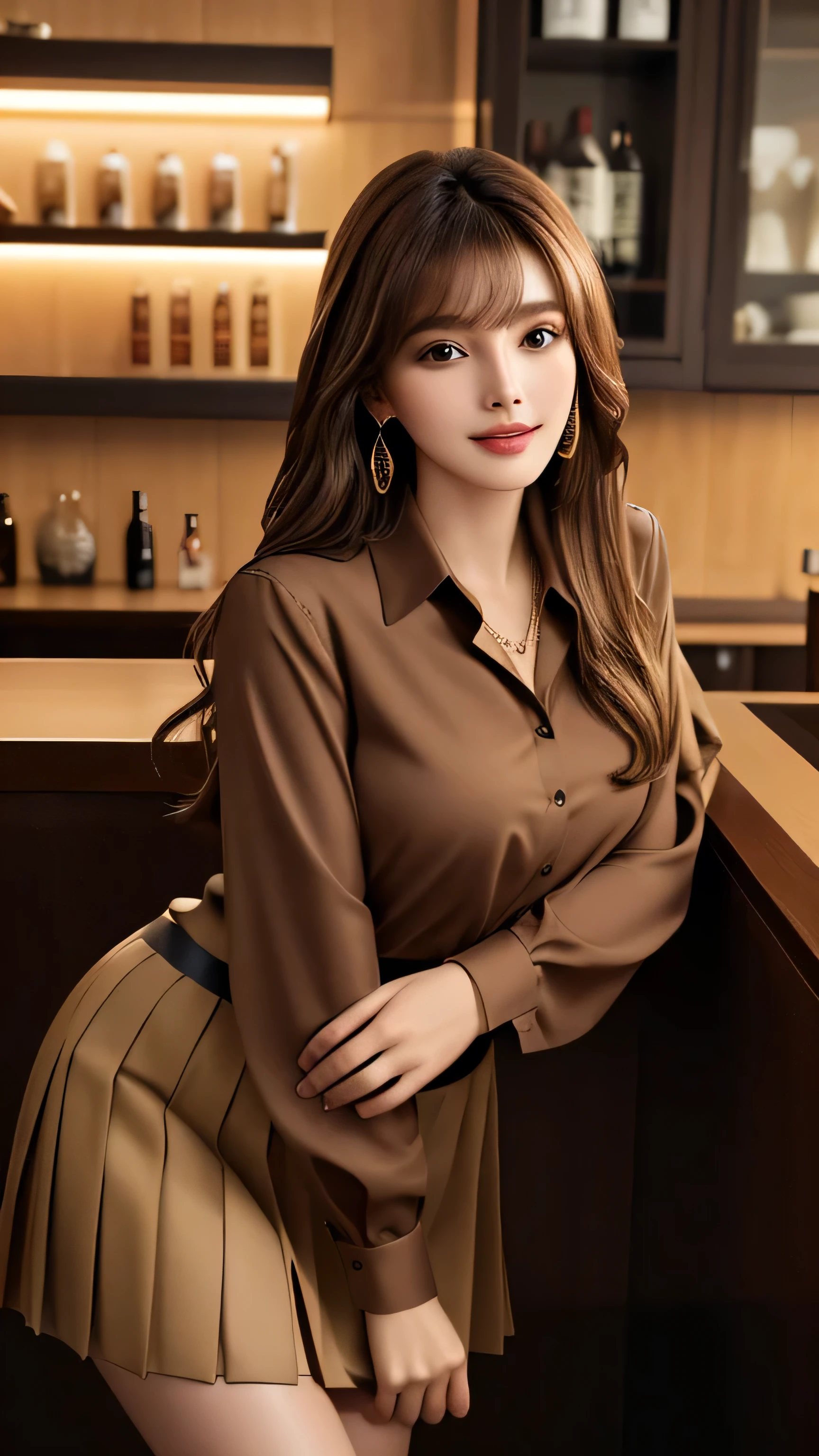 masterpiece, highest quality, Realistic, Super detailed, In detail, High resolution, 8k wallpaper, 1. Beautiful Women, Light brown hair, Sharp focus, Perfect dynamic composition, Beautiful fine details, Fine hair, Detailed and realistic skin texture, smile, Portraiture, Model Body Type,brown long sleeve button up blouse_brown pleated mini skirt＿brown tie、full body portrait、Long straight hair_Hair reaching down to the waist with bangs、Place your left hand gently on your chin＿see-through sleeves、Sits on a bar chair by the counter in a seductive pose in a stylish bar at night,gold necklace＿Large earrings,full figure supermodel standing, entire body in frame、12cm high heels