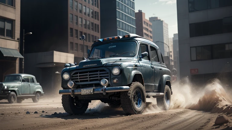 dark bluish-dark-gray metallic 4x4 1950s SUV in motion, fantasy, no logo, urban, 1950s, worm colors, a small building, High detailed, Color magic, Saturated colors, Color saturation, Realism, 8K, HD