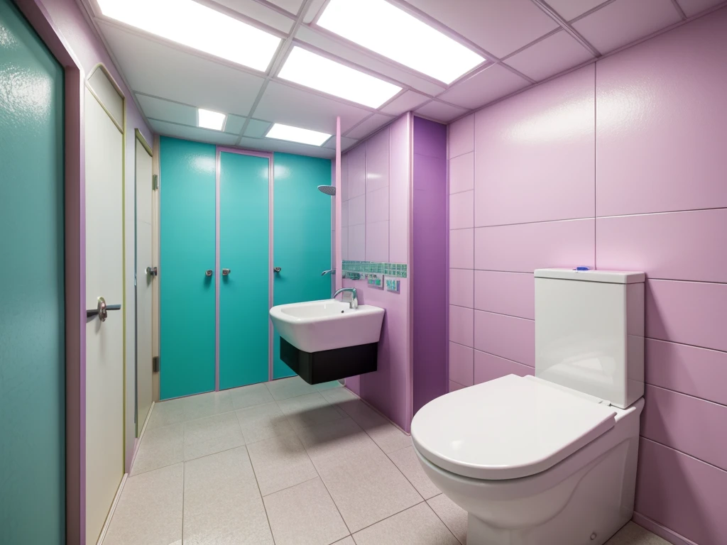 pastel colors: neon pink, electric green, purple, cerulean blue, black, white, yellow. very detailed backgrounds, hyperrealism, hyper detailed, realistic, HD resolution, 4k, ultrarealistic quality. a row of urinals in a public restroom, typical anime classroom, an estate agent listing photo, wooden toilets, premium bathroom design, some stalls, cubicles, well - designed, spacious, broken toilets, gaming toilet, manly design, japanese bathhouse, well-appointed space, well - appointed space, toilet, japanese high school, bathroom, open plan