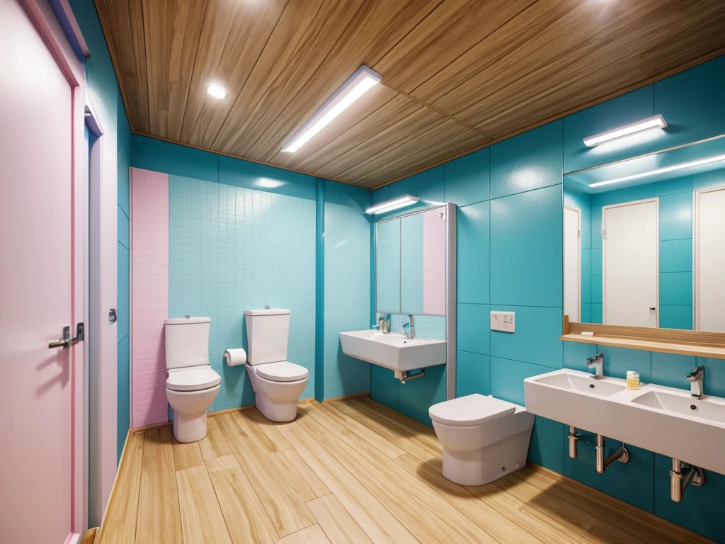 pastel colors: neon pink, electric green, purple, cerulean blue, black, white, yellow. very detailed backgrounds, hyperrealism, hyper detailed, realistic, HD resolution, 4k, ultrarealistic quality. a row of urinals in a public restroom, typical anime classroom, an estate agent listing photo, wooden toilets, premium bathroom design, some stalls, cubicles, well - designed, spacious, broken toilets, gaming toilet, manly design, japanese bathhouse, well-appointed space, well - appointed space, toilet, japanese high school, bathroom, open plan