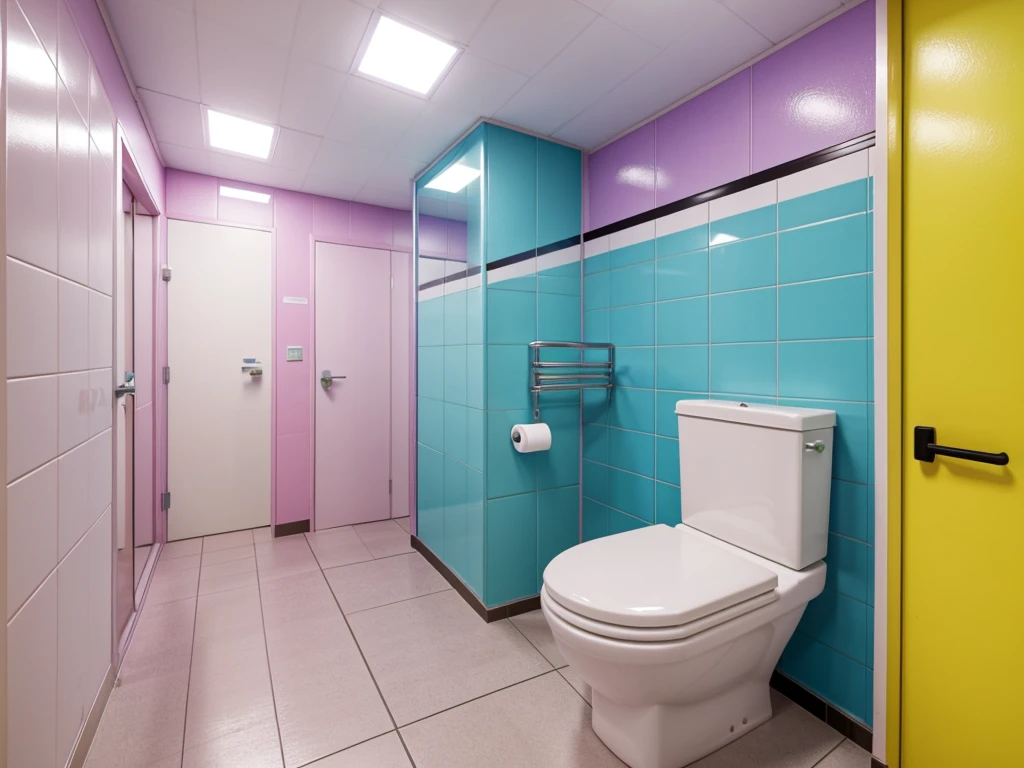 pastel colors: neon pink, electric green, purple, cerulean blue, black, white, yellow. very detailed backgrounds, hyperrealism, hyper detailed, realistic, HD resolution, 4k, ultrarealistic quality. a row of urinals in a public restroom, typical anime classroom, an estate agent listing photo, wooden toilets, premium bathroom design, some stalls, cubicles, well - designed, spacious, broken toilets, gaming toilet, manly design, japanese bathhouse, well-appointed space, well - appointed space, toilet, japanese high school, bathroom, open plan